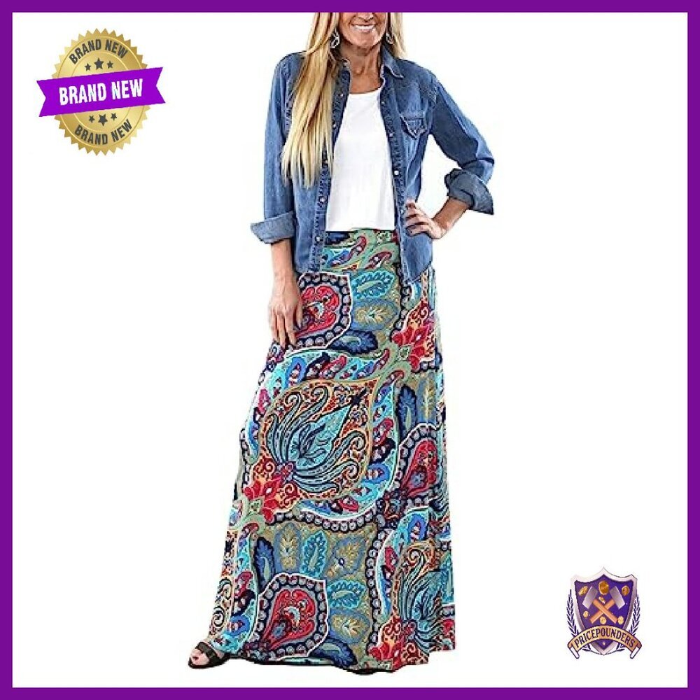 Long Maxi Skirt Elastic Waist Bohemian Print Lightweight Casual - Picture 2 of 8
